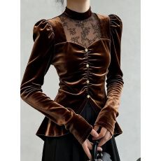 批发高端小资小上衣轻奢高级感法式气质<b class='q'>职业</b>蕾丝拼接咖色丝绒<b class='q'>衬衫</b>女秋