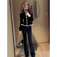 批发高端小资小上衣女<b class='q'>秋</b>巨好看法式高级感收腰气质小香风黑色丝绒衬衫