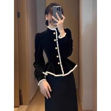 批发黑色丝绒衬衫女2025冬季轻奢高级感巨好看时髦洋气掐腰荷叶边衬衣