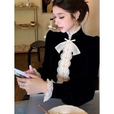 批发<b class='q'>秋</b>季韩里韩气独特超好看洋气减龄轻奢高级感蕾丝拼接黑色丝绒衬衫