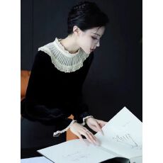批发黑色丝绒衬衫女<b class='q'>秋</b>冬轻奢高级感独特漂亮巨好看荷叶边拼接法式上衣