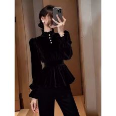 批发黑色丝绒衬衫2025冬季独特漂亮重要场合气质名媛高级感收腰上衣女