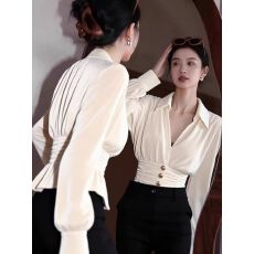 批发<b class='q'>秋</b>季法式独特超好看单穿上衣小众不撞款洋气减龄气质白色丝绒衬衫