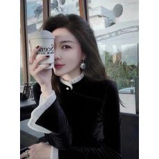 批发初冬巨好看<b class='q'>气质</b>高级感内搭上衣轻奢洋气减龄黑色丝绒立领内搭<b class='q'>衬衫</b>