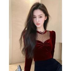 批发2025新款冬季气质名媛<b class='q'>衬衫</b>法式小姿高级感轻奢绝美红色丝绒上衣女