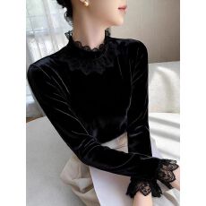 批发新中式国风黑色蕾丝拼接立领丝绒<b class='q'>衬衫</b>高级感轻奢叠穿内搭上衣秋冬