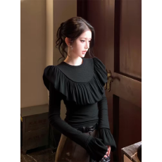 批发独特别致黑色荷叶边拼接上衣女装2025冬季气质高级感修身百搭T恤