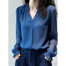 批发法式温柔风蓝色V领木耳边长袖<b class='q'>衬衫</b>女2026春季新款显瘦高级感上衣