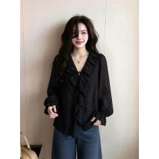 批发法式黑色波点荷叶边<b class='q'>衬衫</b>女2026新款<b class='q'>长袖</b>轻奢高级感小个子百搭上衣