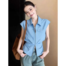 批发独特漂亮气质POLO领无袖上衣女装2026夏季新款百搭飞飞袖蓝色衬衫