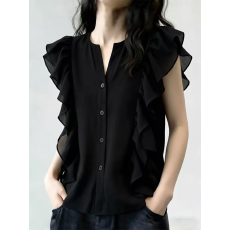 批发法式荷叶边黑色短袖<b class='q'>衬衫</b>女2026夏季新款小众V领<b class='q'>修身</b>显瘦减龄上衣