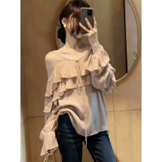 批发2026春季新款法式温柔风奶棕色u领系带荷叶边长袖上衣女时尚气质