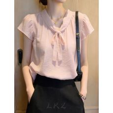 批发粉色短袖衬衫女夏季新款设计感小众法高级感系带设计感套头上衣女