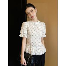 批发夏季圆领洋气白色蕾丝花边波点短袖<b class='q'>衬衫</b>女新款法式泡泡袖上衣