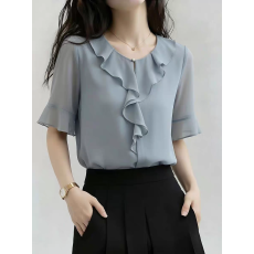 批发雾霾蓝荷叶边雪纺衫短袖上衣女2026夏季新款<b class='q'>大码</b>显瘦气质内搭衬衫