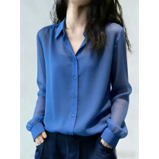 批发法式轻熟风蓝色V领长袖衬衫女2026春新款轻薄微透显瘦高级感上衣