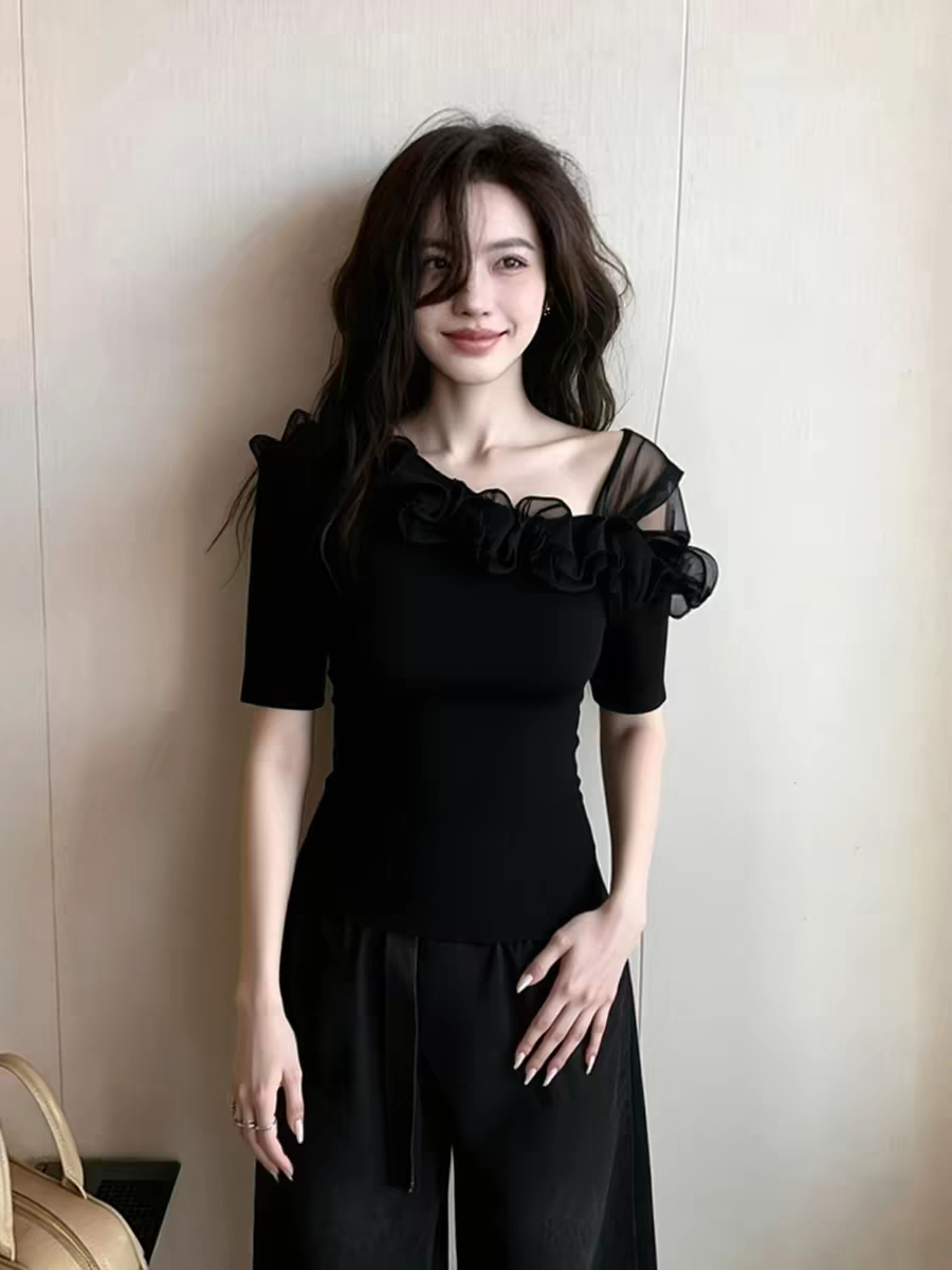검정색 망사 패치워크 반팔 맨위 여성 의류 2026 여름 새로운 프릴 오프숄더 인사이드 가져 가라. 아름다운 슈퍼 잘 생긴