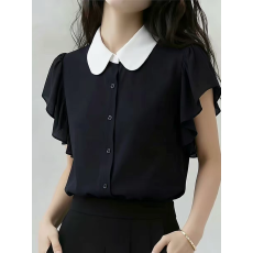 批发黑色娃娃领短袖衬衫女2026夏季新款撞色通勤<b class='q'>甜美</b>荷叶袖设计感上衣