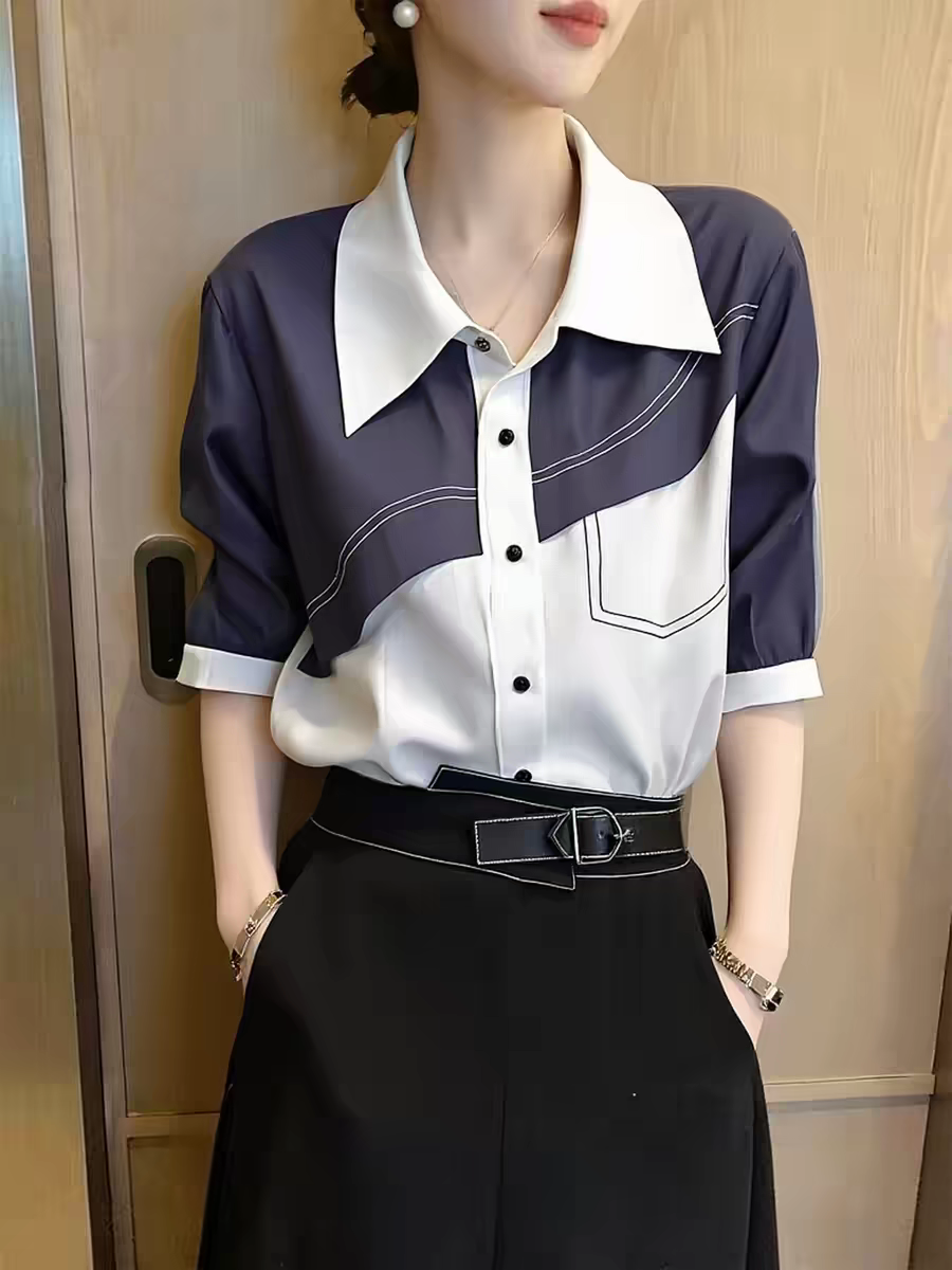 레트로 싸움 接风 배색 여성 셔츠 2026 년 여름 새로운 반팔 폴로 칼라 디자인 센스 외국 가스 연령 감소 맨위