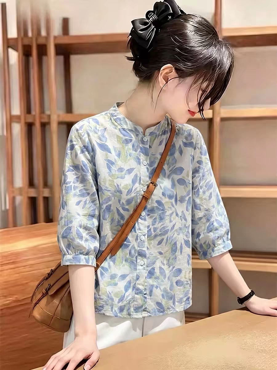 새로운 중식 스탠드 칼라 꽃무늬 반팔 맨위 여름 새로운 레트로 문예 국풍 품격 슬림해 보이는 프린트 여성 셔츠