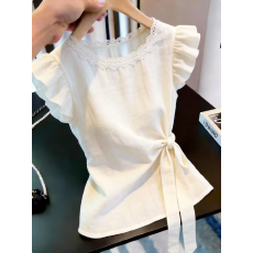 批发度假风荷叶边绑带上衣女时髦洋气休闲设计感气质白色短袖<b class='q'>时尚</b>新款