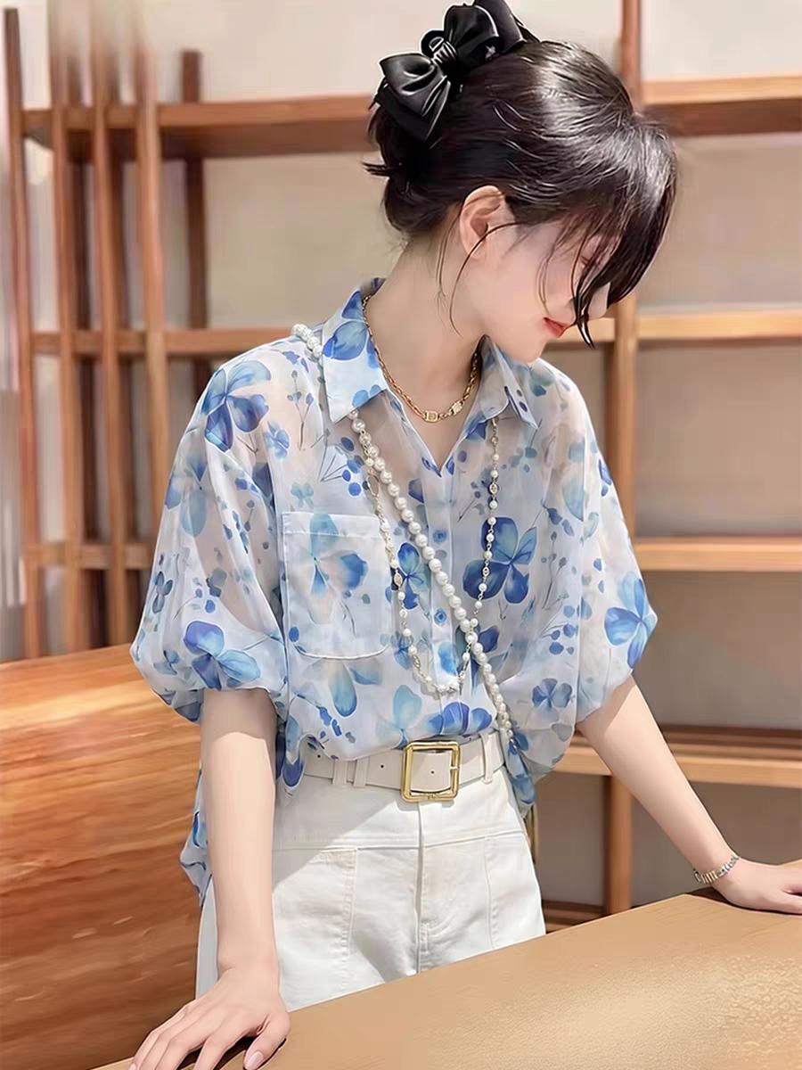 꽃무늬 반팔 쉬폰 블라우스 자외선 차단 여성 셔츠 여름 새로운 경량 외국 가스 아름다운 고급 센스 작은 셔츠 맨위