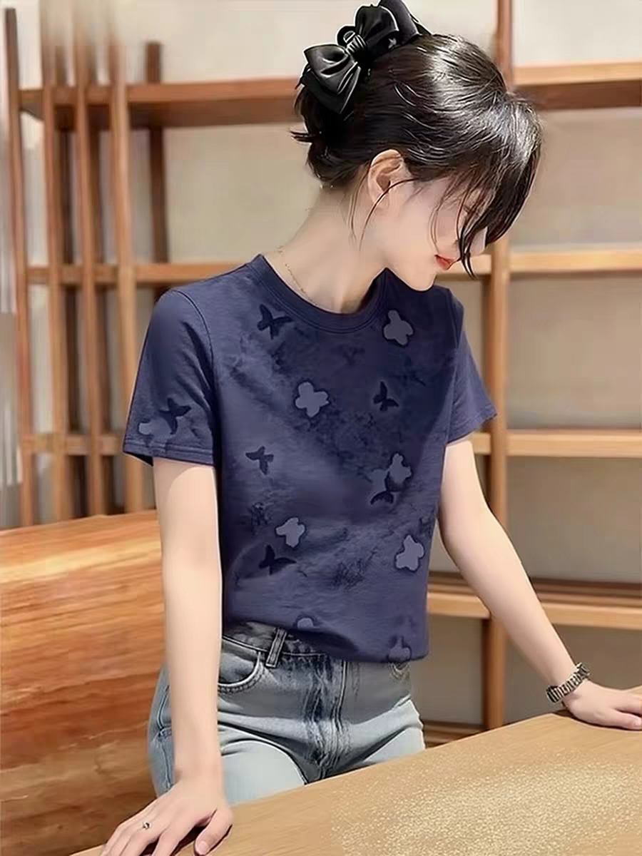 Chic 디자인 센스 작은 대중 파란색 프린트 나비 반팔 티셔츠 여성 여름 새로운 패션 슬림해 보이는 다용도 맨위