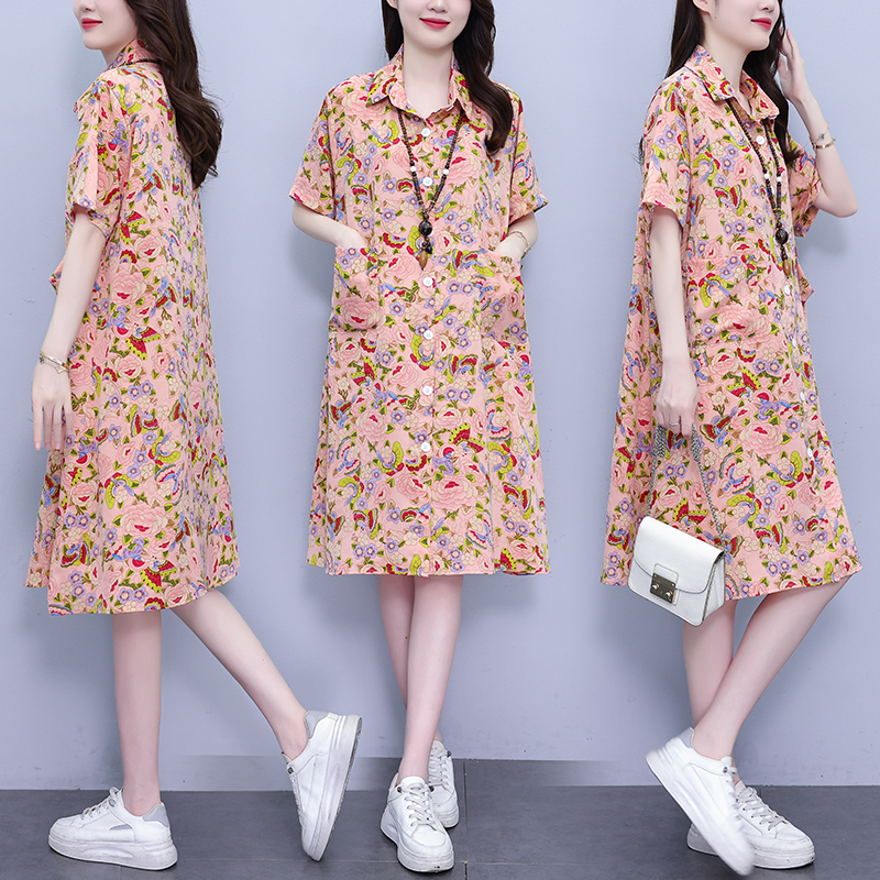 MY11287# 夏季休闲宽松型大码女装连衣裙印花衬衣中长款连衣裙女裝貨源...