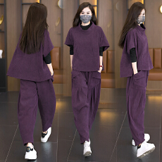 批发实拍2025秋冬新款胖MM时尚减龄宽松显廋立领半袖上衣<b class='q'>哈伦裤</b>两件套