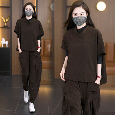 批发实拍2025秋冬新款胖MM时尚减龄宽松显廋立领半袖上衣<b class='q'>哈伦裤</b>两件套