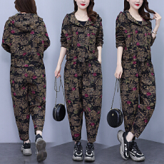 批发秋装新款复古大码女装休闲<b class='q'>套装</b>女装宽松显瘦连帽外套<b class='q'>哈伦裤</b>两件套