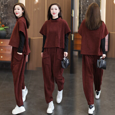 批发实拍2025秋冬新款胖MM时尚减龄宽松显廋立领半袖上衣<b class='q'>哈伦裤</b>两件套