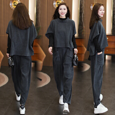 批发实拍2025秋冬新款胖MM时尚减龄宽松显廋立领半袖上衣<b class='q'>哈伦裤</b>两件套