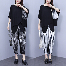 批发2026夏季女士灯笼裤哈伦<b class='q'>套装</b>薄款印花宽松大码短袖套头休闲两件套