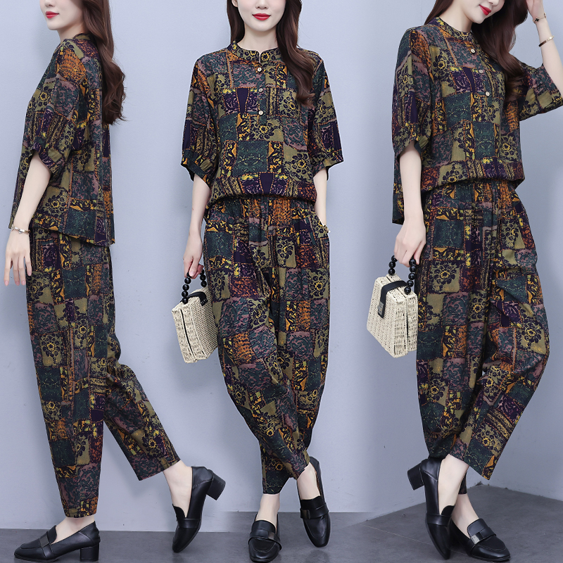 실사 외국 가스 패션 세트 2026 여름 드레스 새로운 빅 사이즈 여성 의류 슬림해 보이는 반팔 캐주얼 하렘 바지 투피스 세트