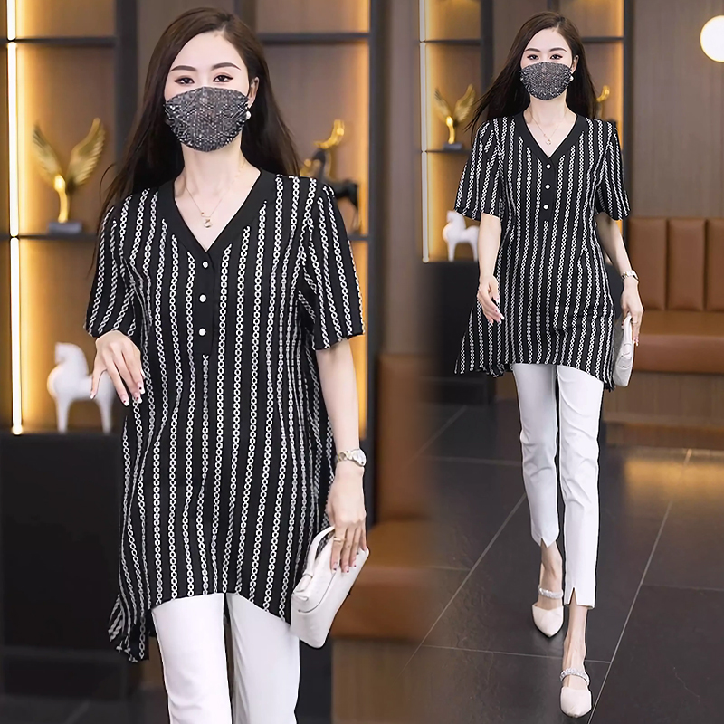 RY5104# 雪纺衬衫女士夏季新款洋气短袖上衣漂亮时尚遮肚子中长款衬衣小衫