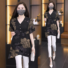 批发雪纺衬衫女士夏季新款洋气短袖上衣漂亮时尚遮肚子中长款衬衣小衫