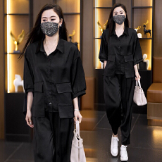 批发2026夏季新款网红款套装女休闲减齢<b class='q'>衬衫</b>上衣<b class='q'>外套</b>时尚哈伦裤两件套