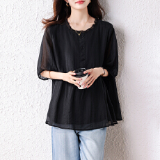 批发黑色气质短袖衬衫女士夏季2026新款夏装时尚宽松百搭小衫大码上衣