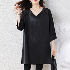 批发实拍026夏季新款<b class='q'>大码</b><b class='q'>女</b>装V领中长款拼接短袖简约宽松气质百搭上衣