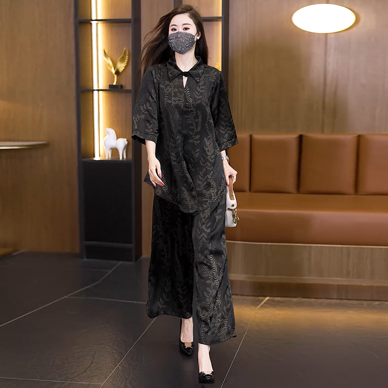 고급 품격 여름 새로운 중노년 엄마 중노년 와이드 레그 팬츠 루즈핏 투피스 슈트 검정색 캐주얼