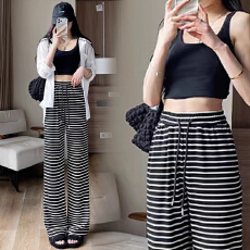 批发宽松阔腿条纹裤子女春秋<b class='q'>夏季</b>新款薄款休闲裤加长高个子宽松拖地裤