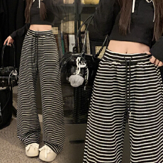批发宽松阔腿条纹裤子女春秋<b class='q'>夏季</b>新款薄款休闲裤加长高个子宽松拖地裤