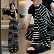 宽松阔腿条纹裤子女春秋夏季新款薄款休闲裤加长高个子宽松拖地裤