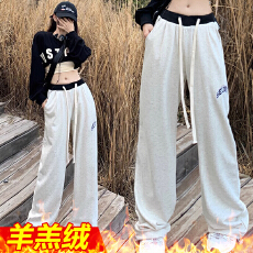 孕妇秋冬季灰色休闲裤女春秋高腰阔腿垂感直筒宽松美式束脚卫裤