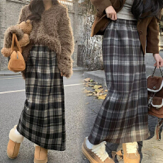 批发孕妇半身裙春秋季新款格子裙托腹毛呢直筒半裙显瘦开叉秋款一步裙