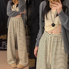 批发宽松阔腿条纹裤子女春秋<b class='q'>夏季</b>新款薄款休闲裤加长高个子宽松拖地裤
