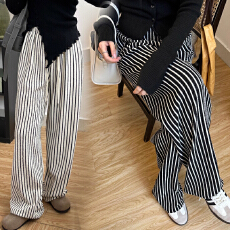 孕妇条纹阔腿裤秋冬外穿时尚新款潮妈直筒长裤冬季加绒软糯毛巾裤