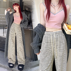 批发宽松阔腿条纹裤子女春秋<b class='q'>夏季</b>新款薄款休闲裤加长高个子宽松拖地裤