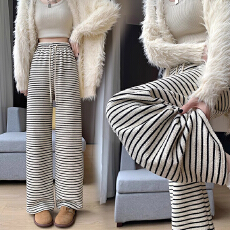 孕妇加绒黑白条纹毛巾绒阔腿裤秋冬新款宽松抽绳运动裤休闲女裤